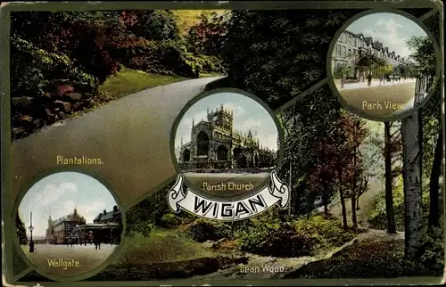 Passepartout Ak Wigan North West England, Park View, Dean Wood, Parish Church, Wallgate, Plantations