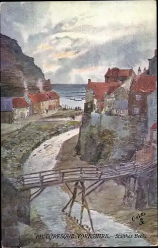 Künstler Ak Staithes Yorkshire, Staithes Beck, Blick auf den Ort