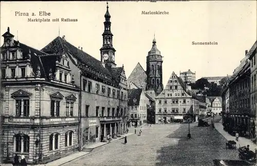Ak Pirna an der Elbe, Marktplatz, Rathaus, Marienkirche, Sonnenstein