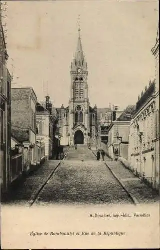 Ak Rambouillet Yvelines, L'Eglise et Rue de la Republique