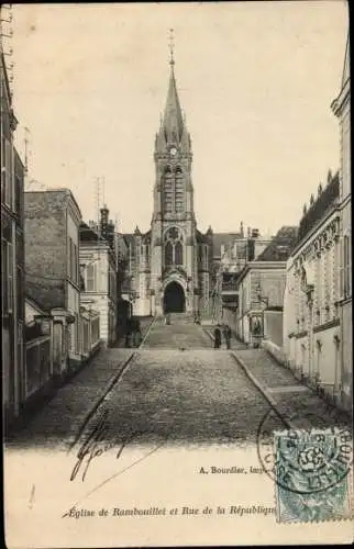 Ak Rambouillet Yvelines, L'Eglise et Rue de la Republique