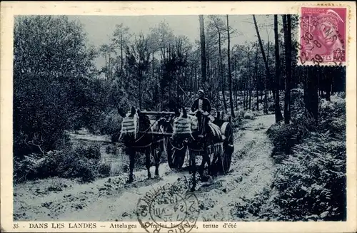 Ak Landes Frankreich, Ortspartie, Bauern, Wagen von Pferden gezogen