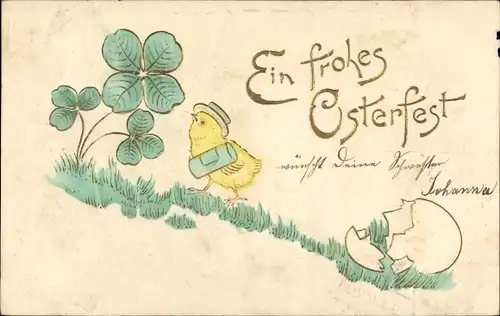 Präge Litho Glückwunsch Ostern, Küken, Kleeblätter, Eierschale