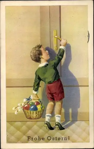 Ak Glückwunsch Ostern, Junge mit Korb voll Ostereier und Weidenkätzchen an der Haustür