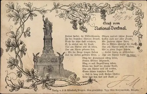 Gedicht Litho Rüdesheim am Rhein in Hessen, Niederwalddenkmal, Strömt herbei ihr Völkerschaaren