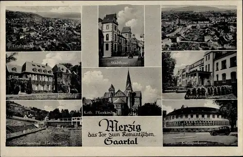 Ak Merzig an der Saar, Totalansicht vom Ort, Stadthaus, Schloss von Fellenberg, Schwimmbad