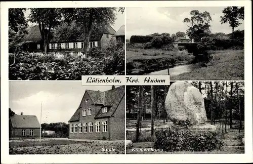 Ak Lütjenholm in Nordfriesland, Schule, Kriegerehrenmal, Reetdachhaus