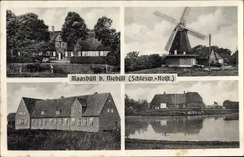 Ak Maasbüll in Schleswig Holstein, Windmühle, Häuser, Totalansichten