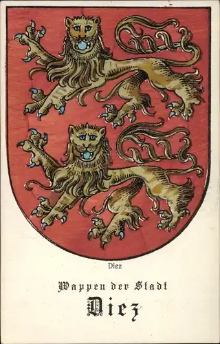 Wappen Ak Diez an der Lahn, Stadtwappen, goldene Löwen auf rotem Grund