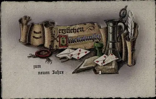 Präge Ak Glückwunsch Neujahr, Feder, Hufeisen, Siegel, Briefe