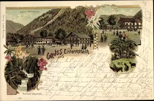 Litho Enterrottach Rottach Egern in Oberbayern, Gasthof, Villa, Rottacher Wasserfall