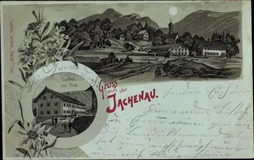 Mondschein Litho Jachenau in Oberbayern, Gasthof zur Post, Panorama