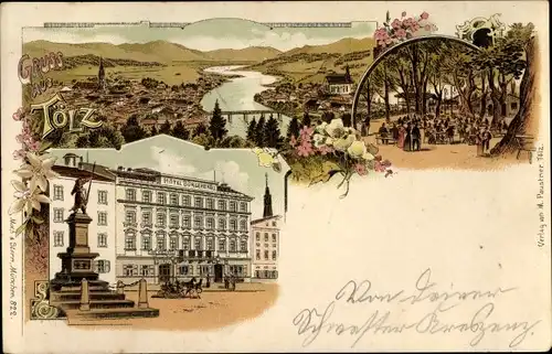 Litho Bad Tölz in Oberbayern, Hotel, Winzerdenkmal, Panorama