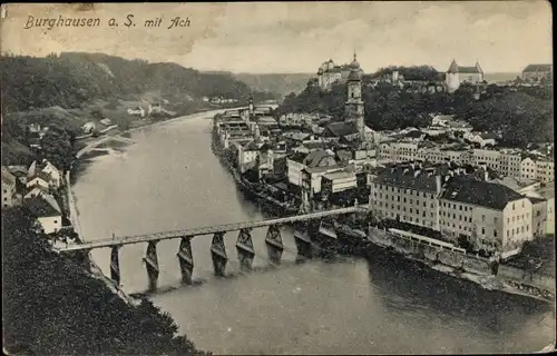 Ak Burghausen an der Salzach Bayern, Stadt mit Ach, Luftbild