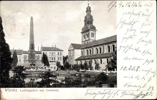 Ak Worms am Rhein, Ludwigsplatz mit Denkmal