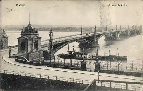 Ak Mainz am Rhein, Straßenbrücke, Dampfer