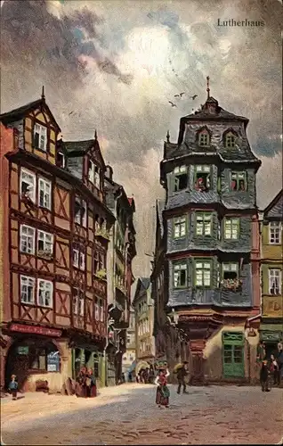 Künstler Ak Frankfurt Main, Alt Frankfurt, Fachwerkhäuser, Lutherhaus