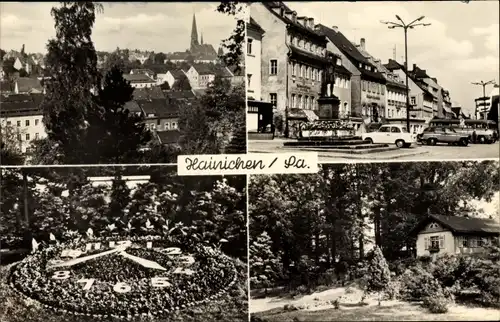 Ak Hainichen in Sachsen, Teilansicht, Blumenuhr, Denkmal