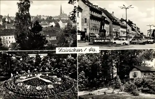 Ak Hainichen in Sachsen, Teilansicht, Blumenuhr, Denkmal