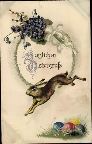 Litho Glückwunsch Ostern, Springender Hase, bunte Ostereier, Veilchen