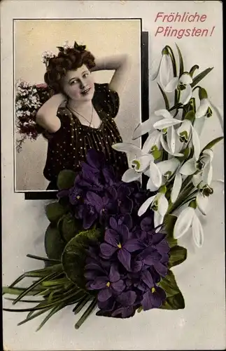 Ak Glückwunsch Pfingsten, Damenportrait, Blumenstrauß