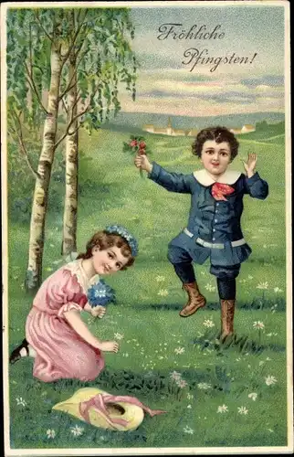 Ak Glückwunsch Pfingsten, Kinder pflücken Blumen auf der Wiese