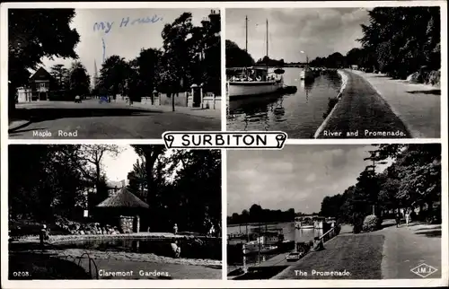 Ak Surbiton Kingston Greater London, River, Promenade, Claremont Gardens, Maple Road