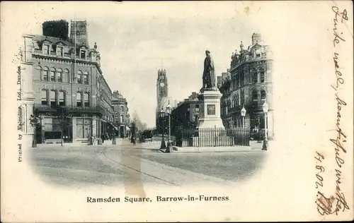 Ak Barrow in Furness Cumbria England, Ramsden Square, Denkmal