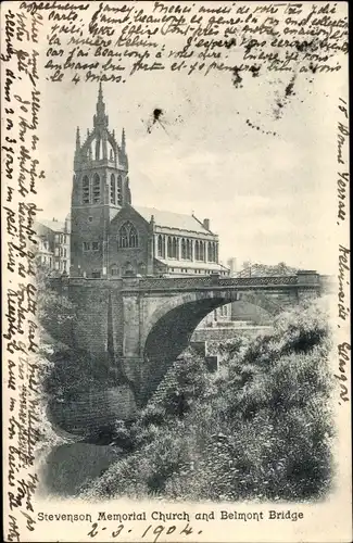 Ak Glasgow Schottland, Stevenson Memorial Church and Belmont Bridge
