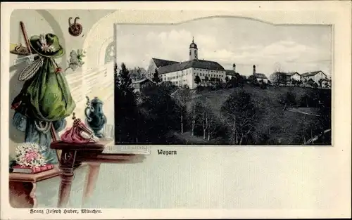 Passepartout Ak Weyarn Oberbayern, Kloster, Blick auf den Ort