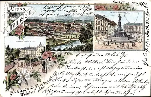 Litho Traunstein in Oberbayern, Luitpoldbrunnen, Kurhaus, Totalansicht