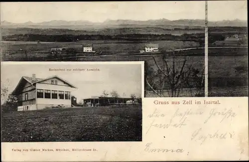 Ak Zell im Isartal Schäftlarn Oberbayern, Restaurant zur schönen Aussicht, Landschaft, Häuser