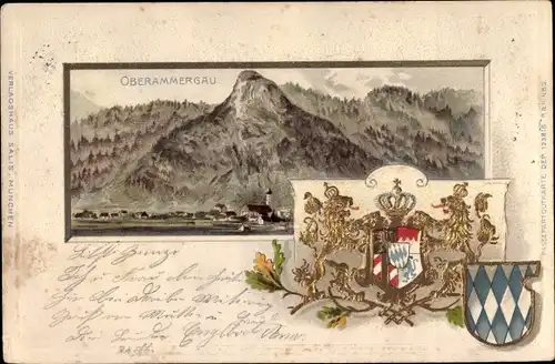 Präge Wappen Litho Oberammergau in Oberbayern, Blick auf den Ort, Berg