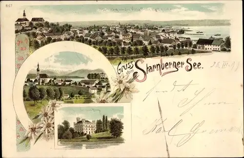 Litho Starnberg in Oberbayern, Schloss Berg, Blick auf den Ort