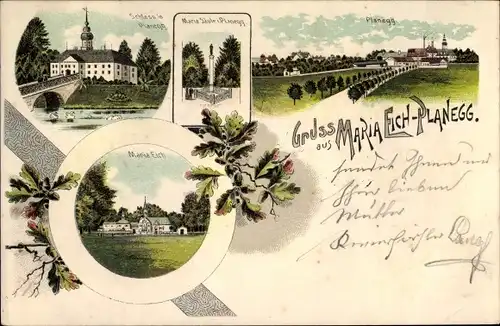 Litho Planegg Oberbayern, Augustinerkloster Maria Eich, Blick auf den Ort, Schloss, Maria Säule