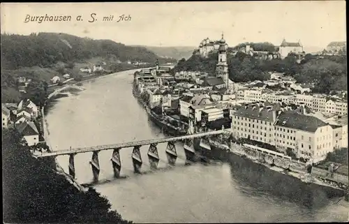Ak Burghausen an der Salzach Bayern, Teilansicht mit Ach, Burg