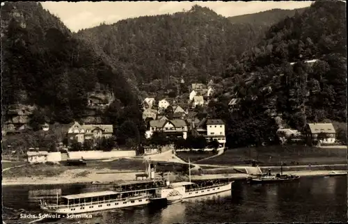 Ak Schmilka Bad Schandau Sächsische Schweiz, Teilansicht mit Dampfer