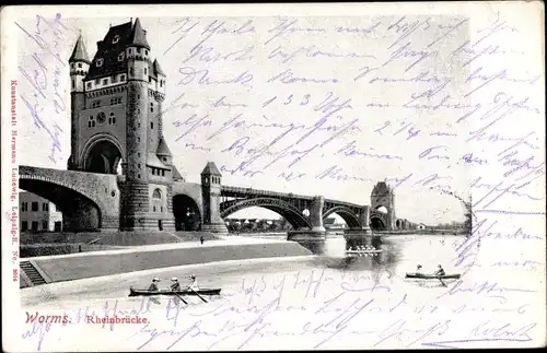 Ak Worms am Rhein, Rheinbrücke, Ruderpartie