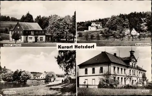 Ak Hetzdorf Halsbrücke in Mittelsachsen, Gasthof Bergschlößchen, Schule, Sumpfmühle