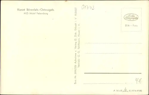 Ak Bärenfels Altenberg im Erzgebirge, HO Hotel Felsenburg