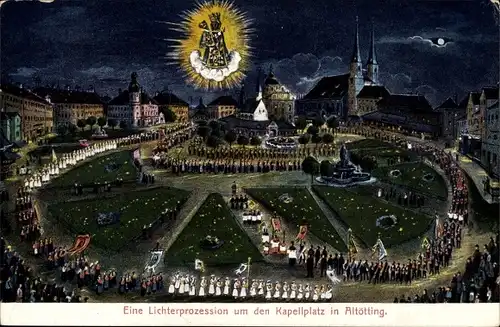 Künstler Ak Altötting Oberbayern, Lichterprozession um die Gnadenkapelle, Gnadenbild