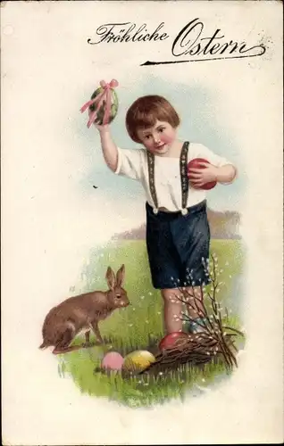 Ak Glückwunsch Ostern, Junge mit Ostereiern, Osterhase und Weidenkätzchen