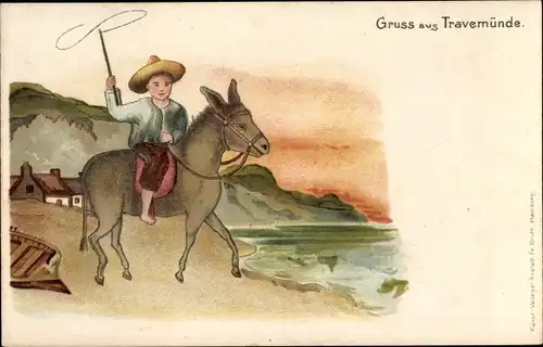 Litho Travemünde Lübeck, Kind auf dem Esel reitend