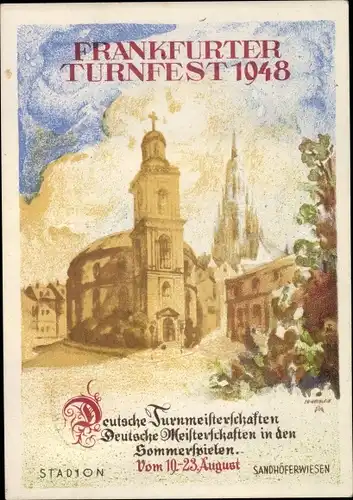 Künstler Ak Frankfurt am Main, Frankfurter Turnfest 1948, Blick auf die Kirche