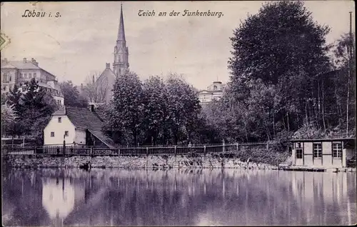 Ak Löbau in Sachsen, Teich an der Funkenburg, Kirchturm
