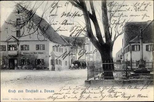 Ak Neustadt an der Donau Niederbayern, Gasthaus, Denkmal, Rinderkarren