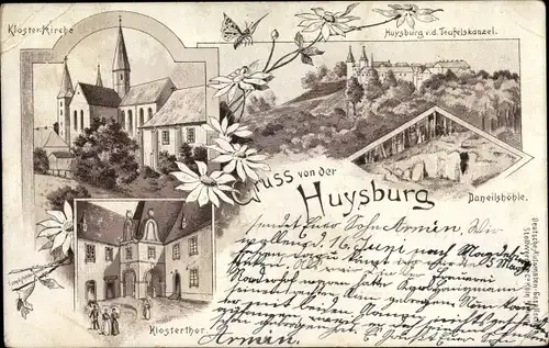 Litho Huy am Harz, Huysburg von der Teufelskanzel gesehen, Klosterkirche, Klosterhof