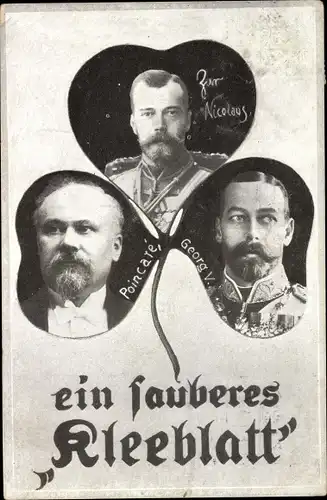 Passepartout Ak Ein sauberes Kleeblatt, Georg V, Zar Nikolaus II. von Russland, Raymond Poincare