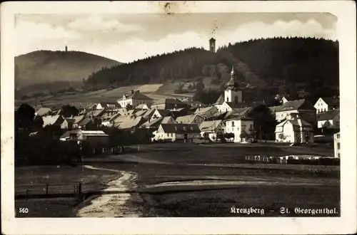 Ak Jiřetín pod Jedlovou Sankt Georgenthal Region Aussig, Blick auf den Ort mit Kreuzberg