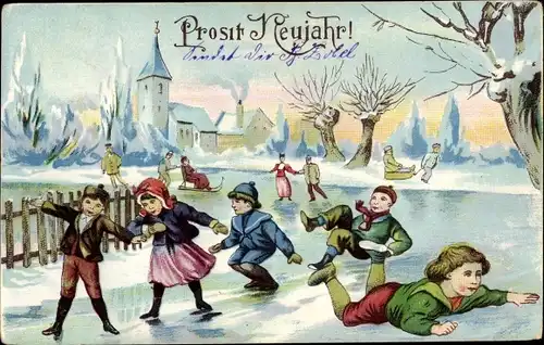 Ak Glückwunsch Neujahr, Kinder beim Eislaufen, Winterlandschaft